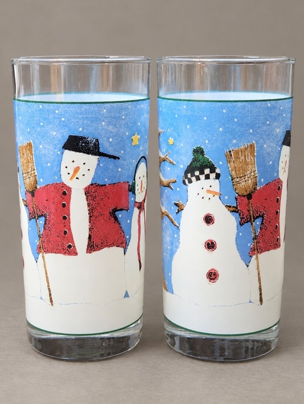 Debbie Mumm Snowman Highball Glasses Set of 2 Sakura Oneida Vintage